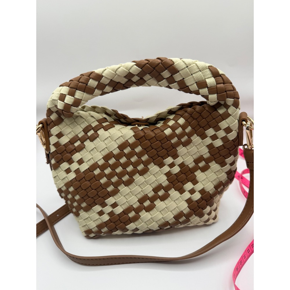 Moda Luxe Crossbody Bag Women Small Brown Cream Woven Checkerboard Vegan Leather